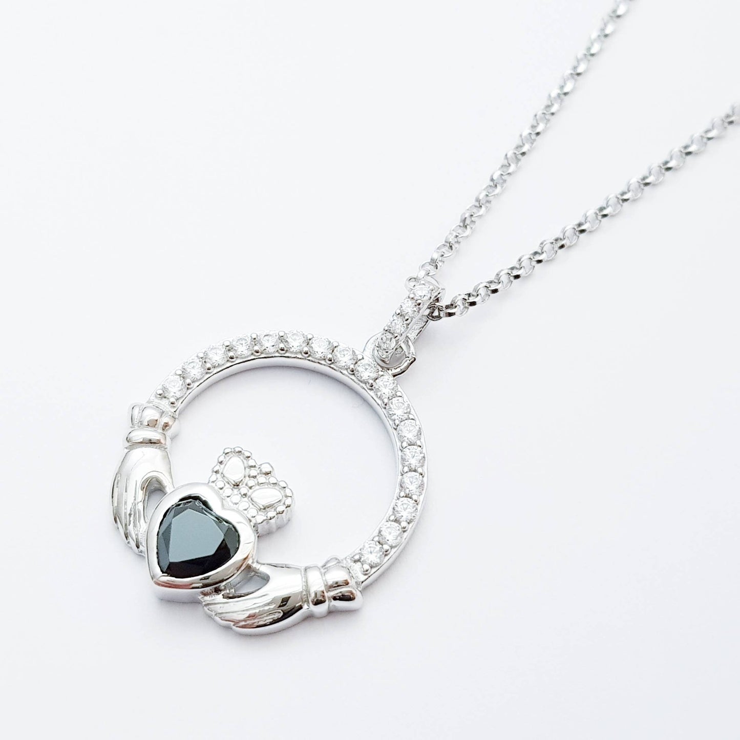 Silver Claddagh pendant, black stone Claddagh necklace from Ireland