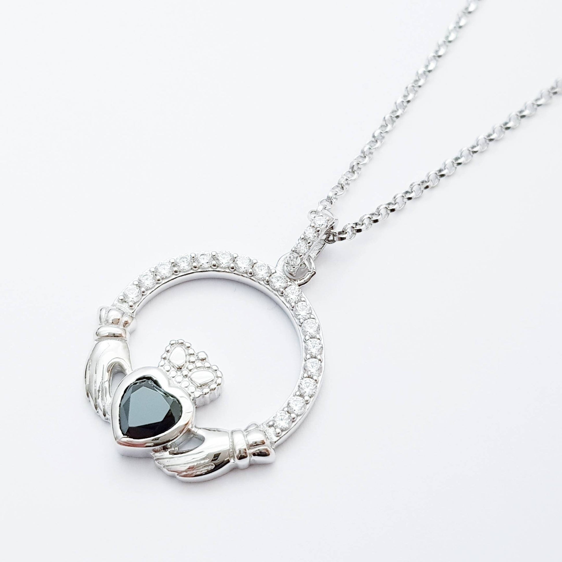 Silver Claddagh pendant, black stone Claddagh necklace  from Ireland
