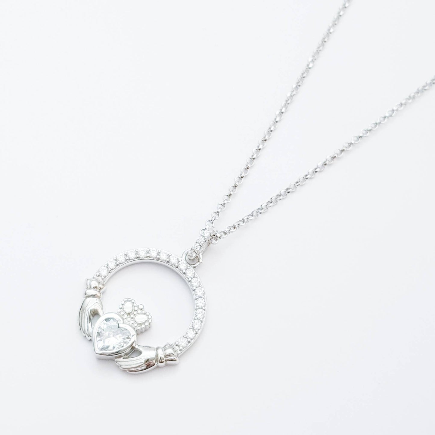 Silver Claddagh pendant, diamond white april birthstone claddagh necklace, Silver Claddagh pendant
