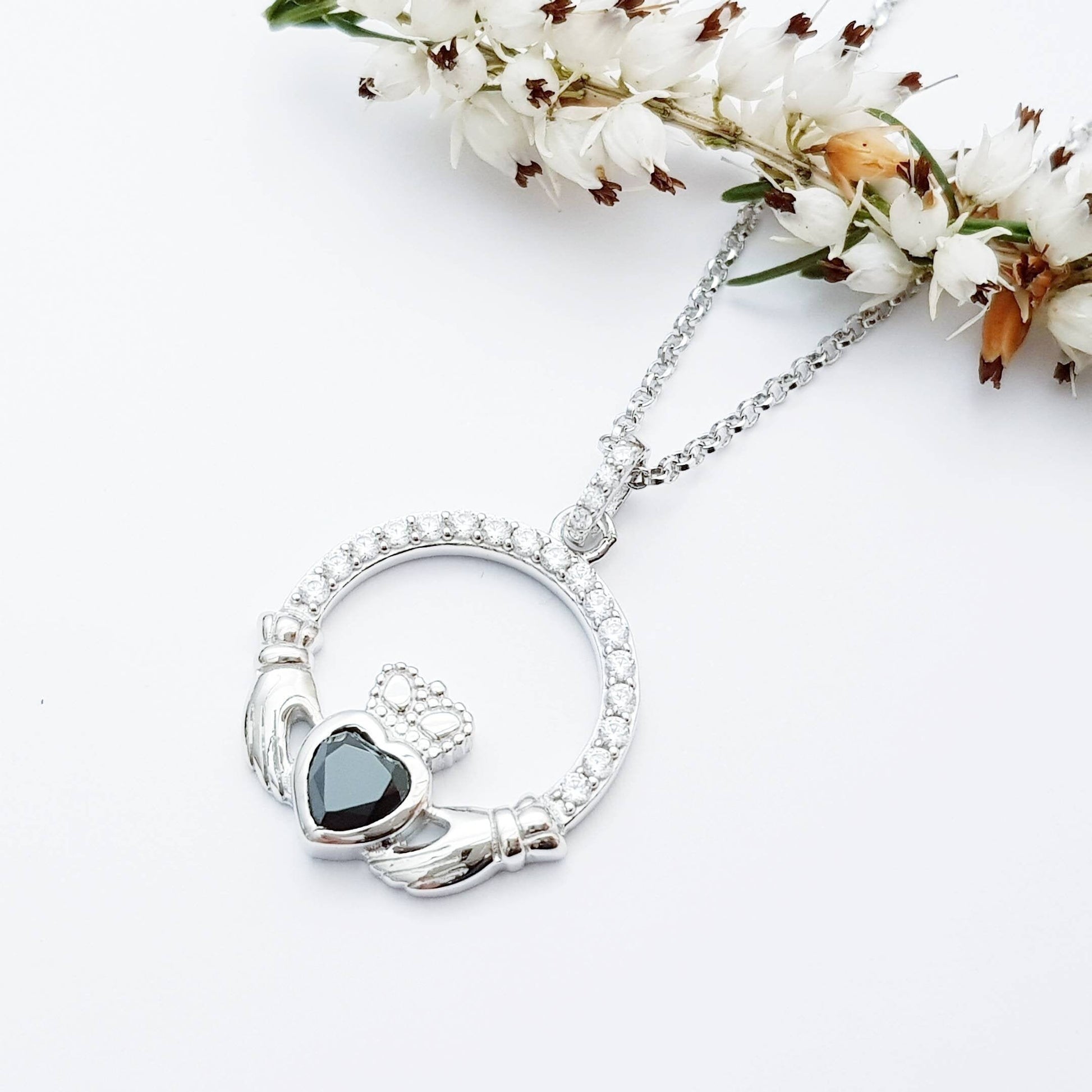 Silver Claddagh pendant, black stone Claddagh necklace  from Ireland