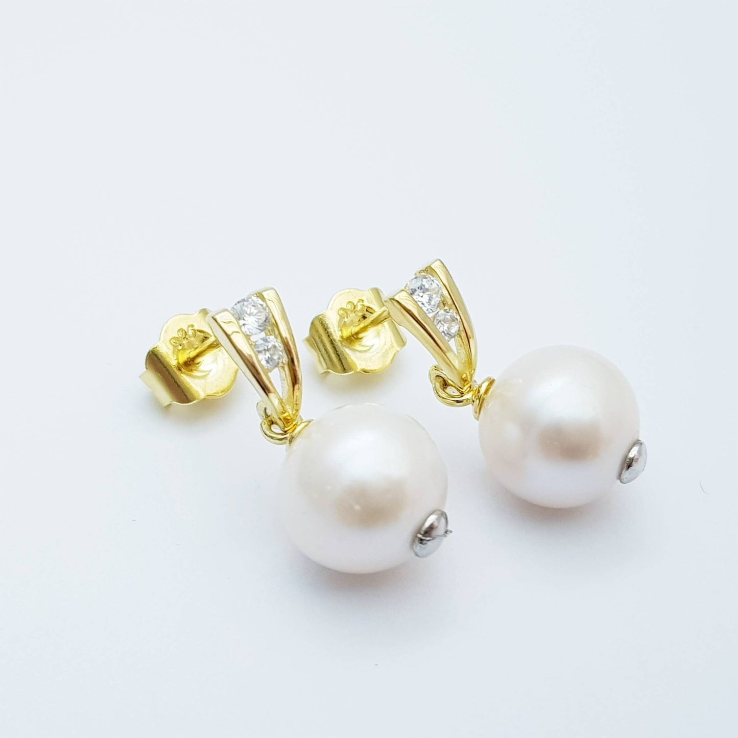 Gold plated sterling drop pearl earrings with freshwater pearl