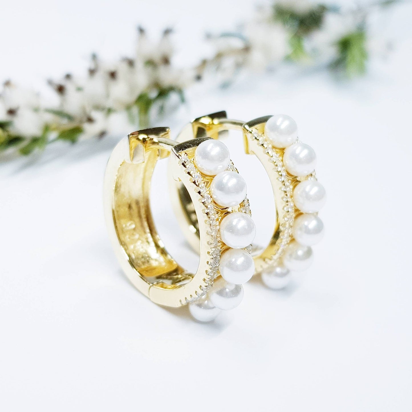 Vintage gold plated sterling silver hoop earrings with shell pearls, pearl hoops, vintage style hoop earring