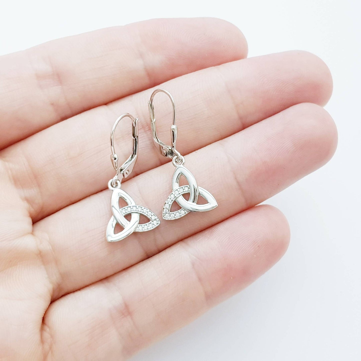 Drop and dangle Celtic knot Earrings, Celtic lever back, silver trinity knot earrings