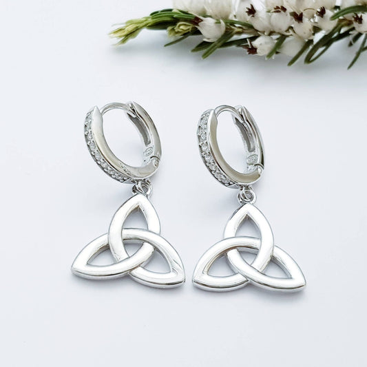 Celtic huggie Earrings, trinity knot drop earrings, silver Celtic jewelry, triquetra earrings, celtic dangle earrings