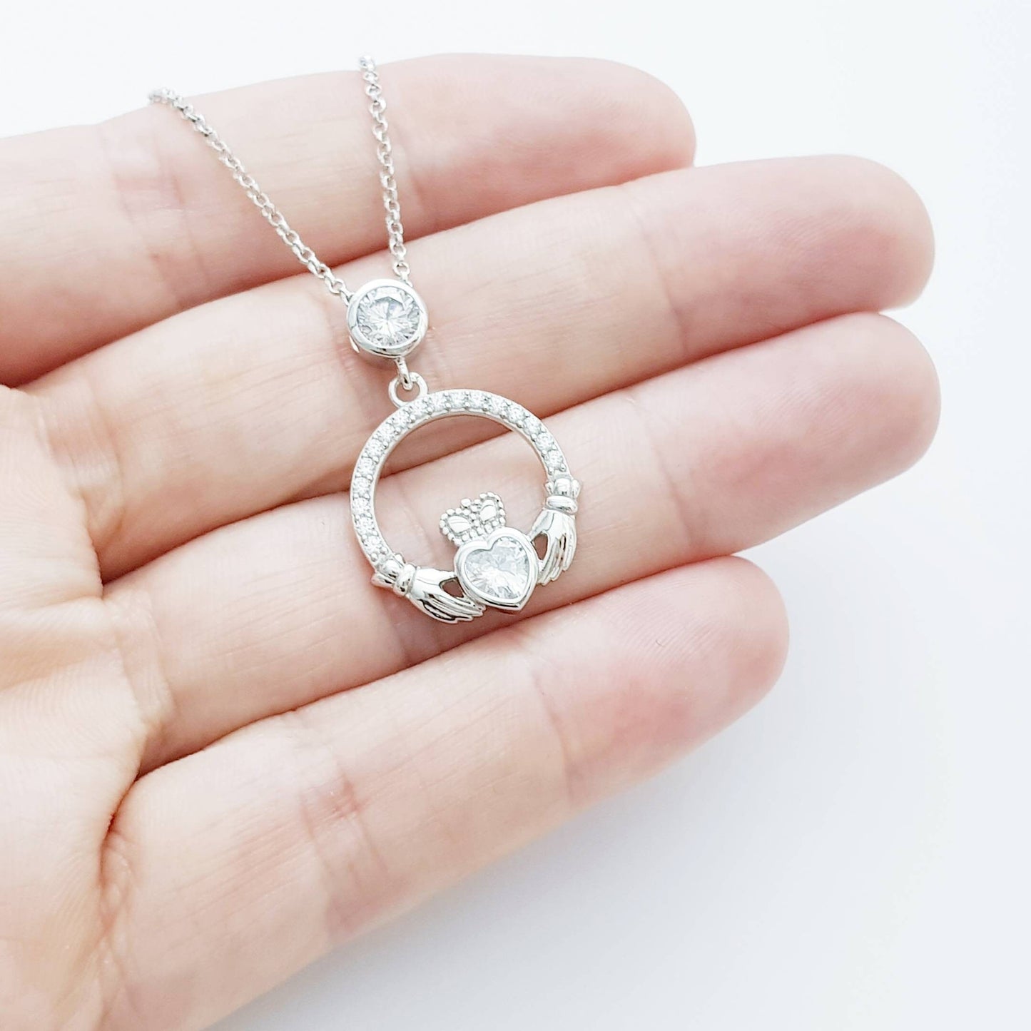 Silver Claddagh pendant, diamond white april birthstone claddagh necklace, claddagh celtic pendant