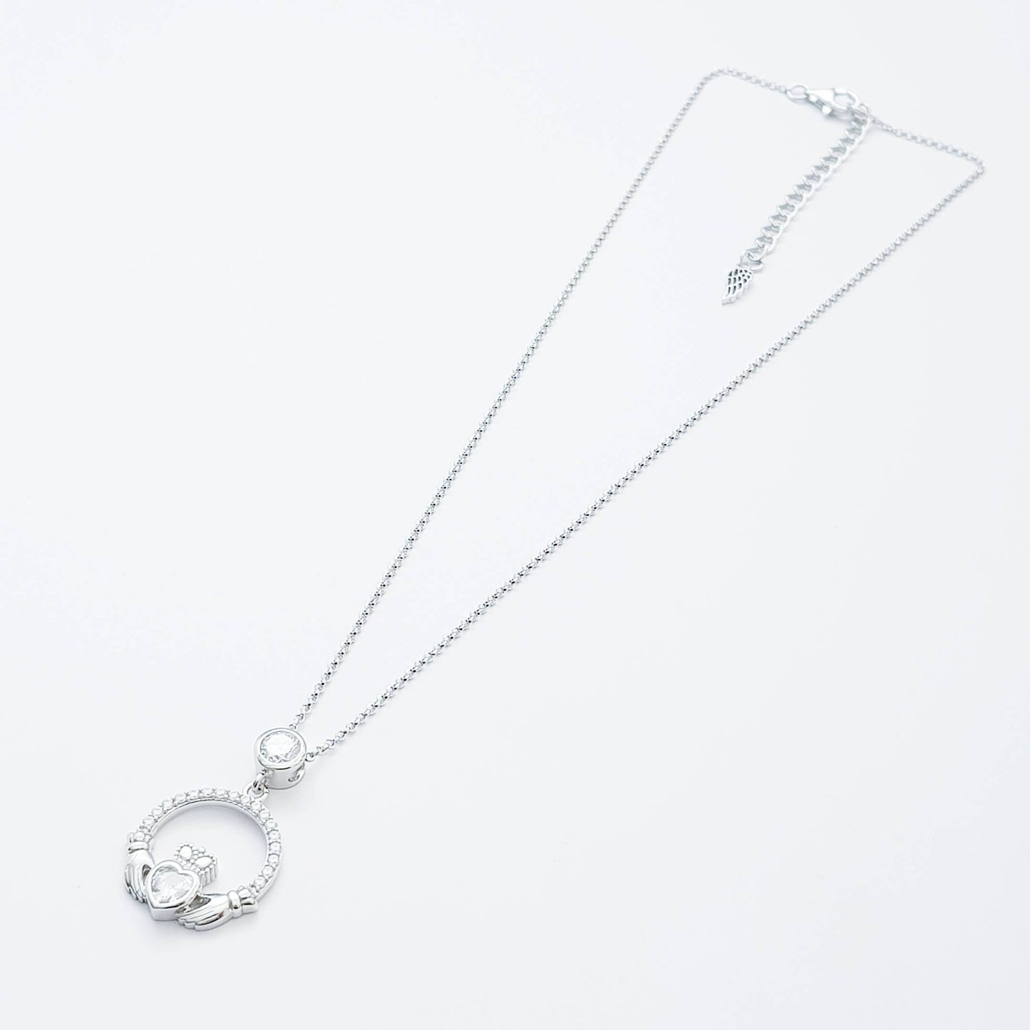 Silver Claddagh pendant, diamond white april birthstone claddagh necklace, claddagh celtic pendant