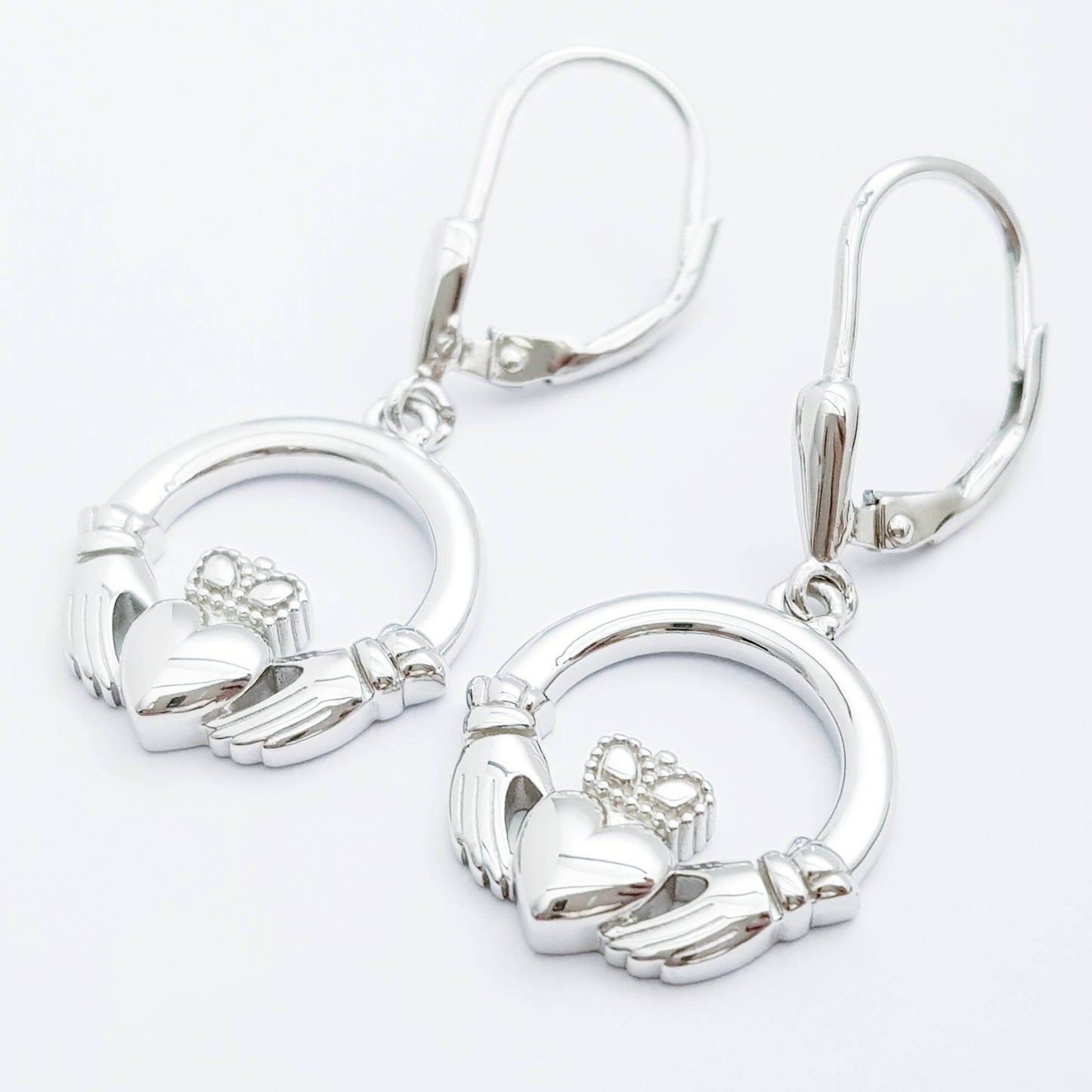 Claddagh Earrings, Silver Claddagh Earrings, lever back drop Earrings