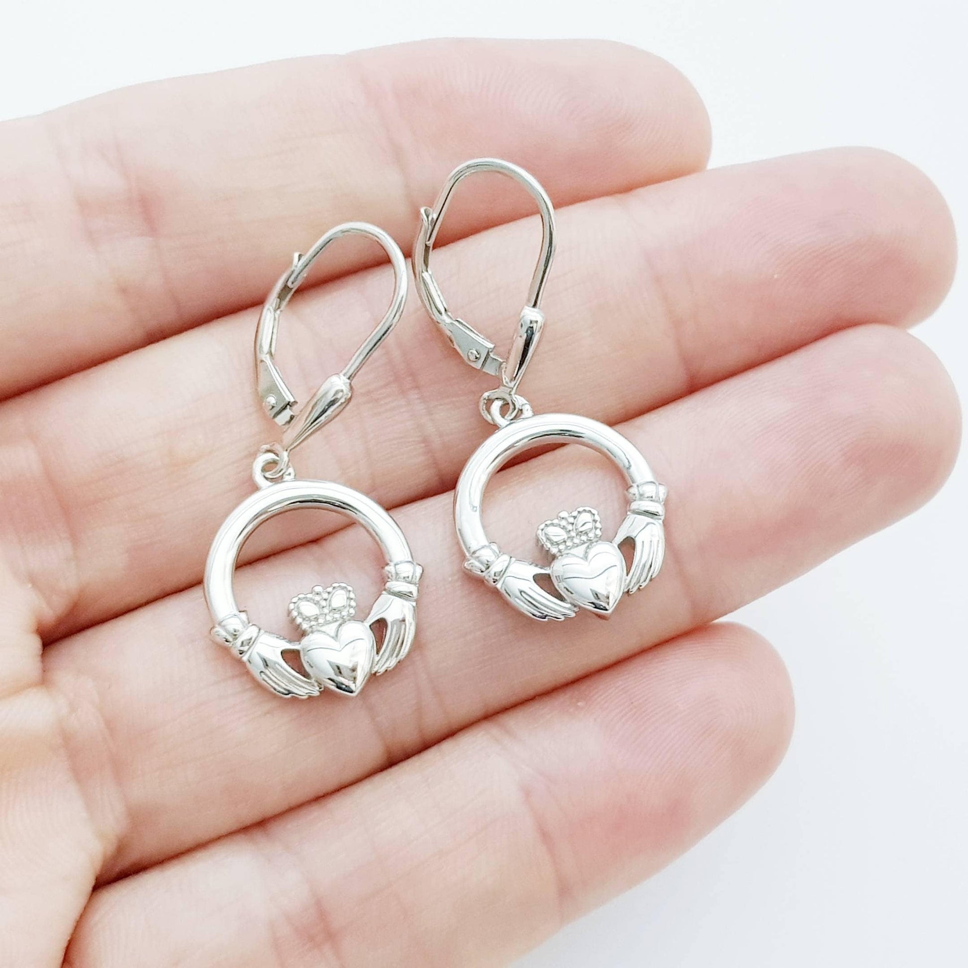 Claddagh Earrings, Silver Claddagh Earrings, lever back drop Earrings