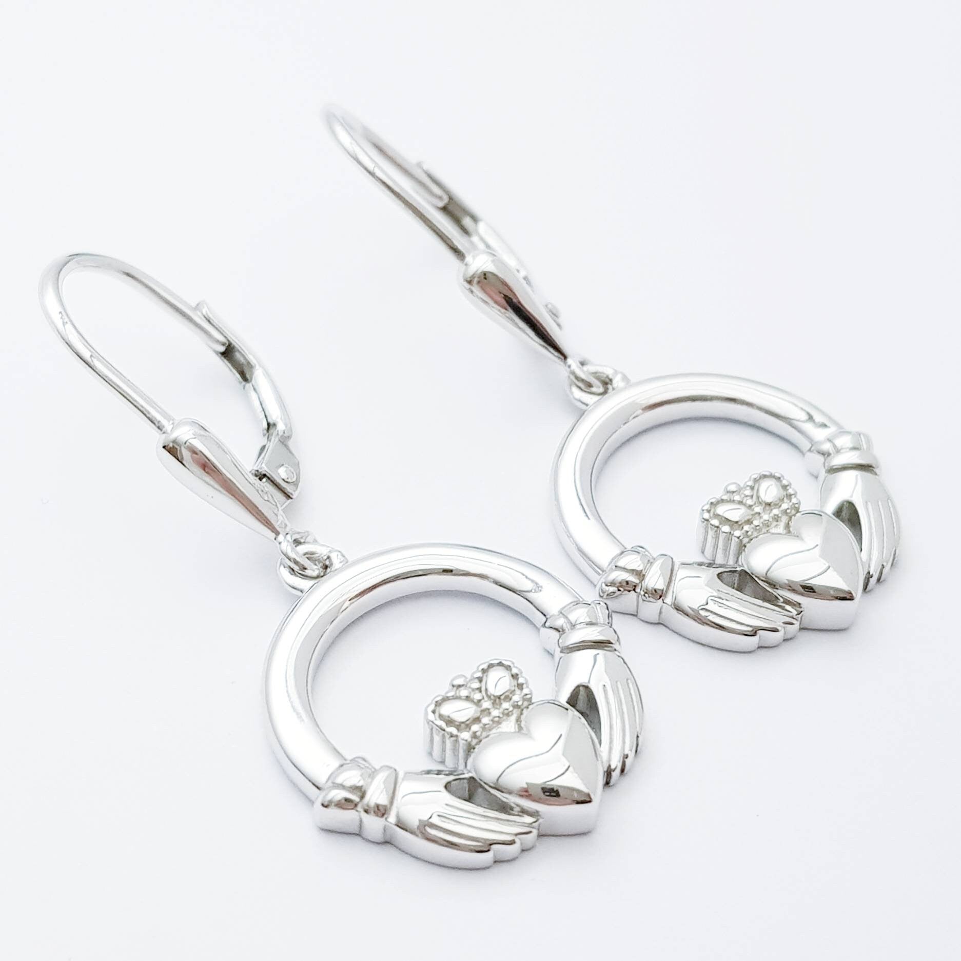 Claddagh Earrings, Silver Claddagh Earrings, lever back drop Earrings
