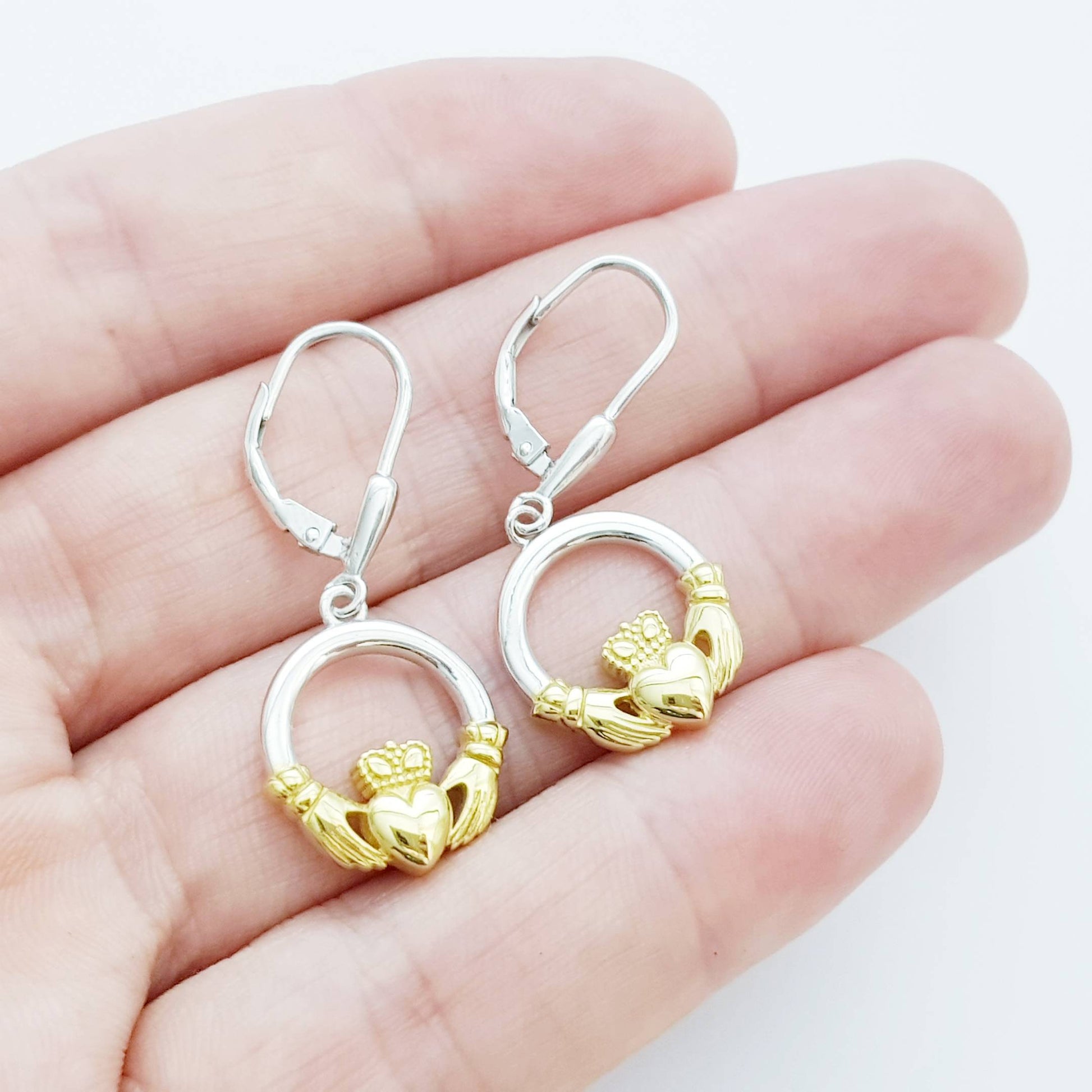 Silver & Gold Claddagh Earrings, Claddagh drop Earrings