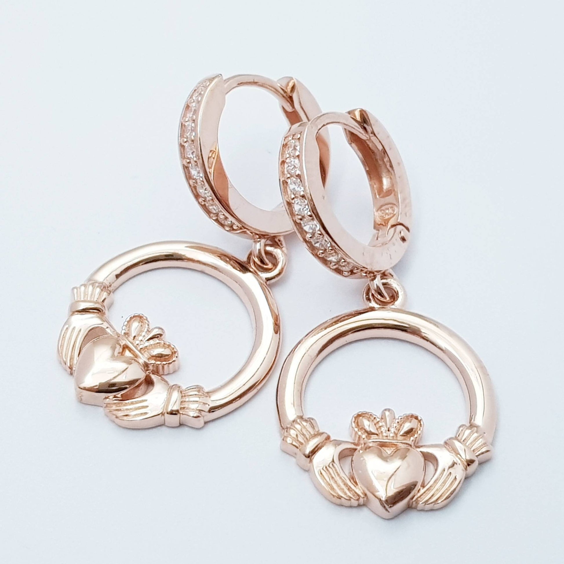 Rose gold hoop Claddagh Earrings, Silver and Rose gold Claddagh Earrings, Claddagh drop Earrings