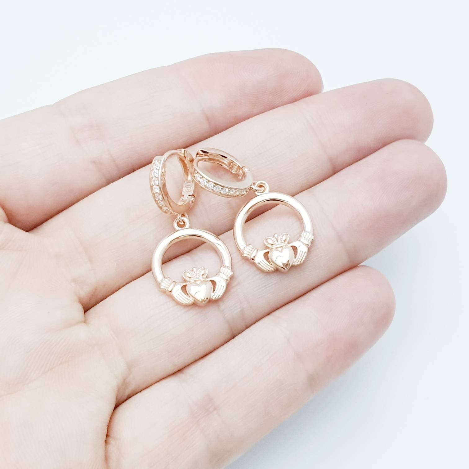 Rose gold hoop Claddagh Earrings, Silver and Rose gold Claddagh Earrings, Claddagh drop Earrings