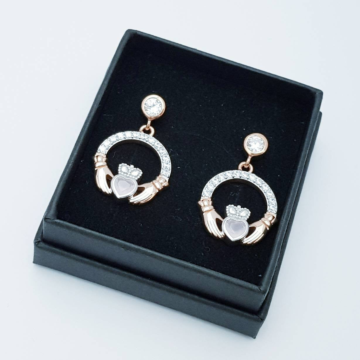 Baby pink claddagh Earrings, Silver and rose gold Claddagh Earrings, Claddagh drop Earrings