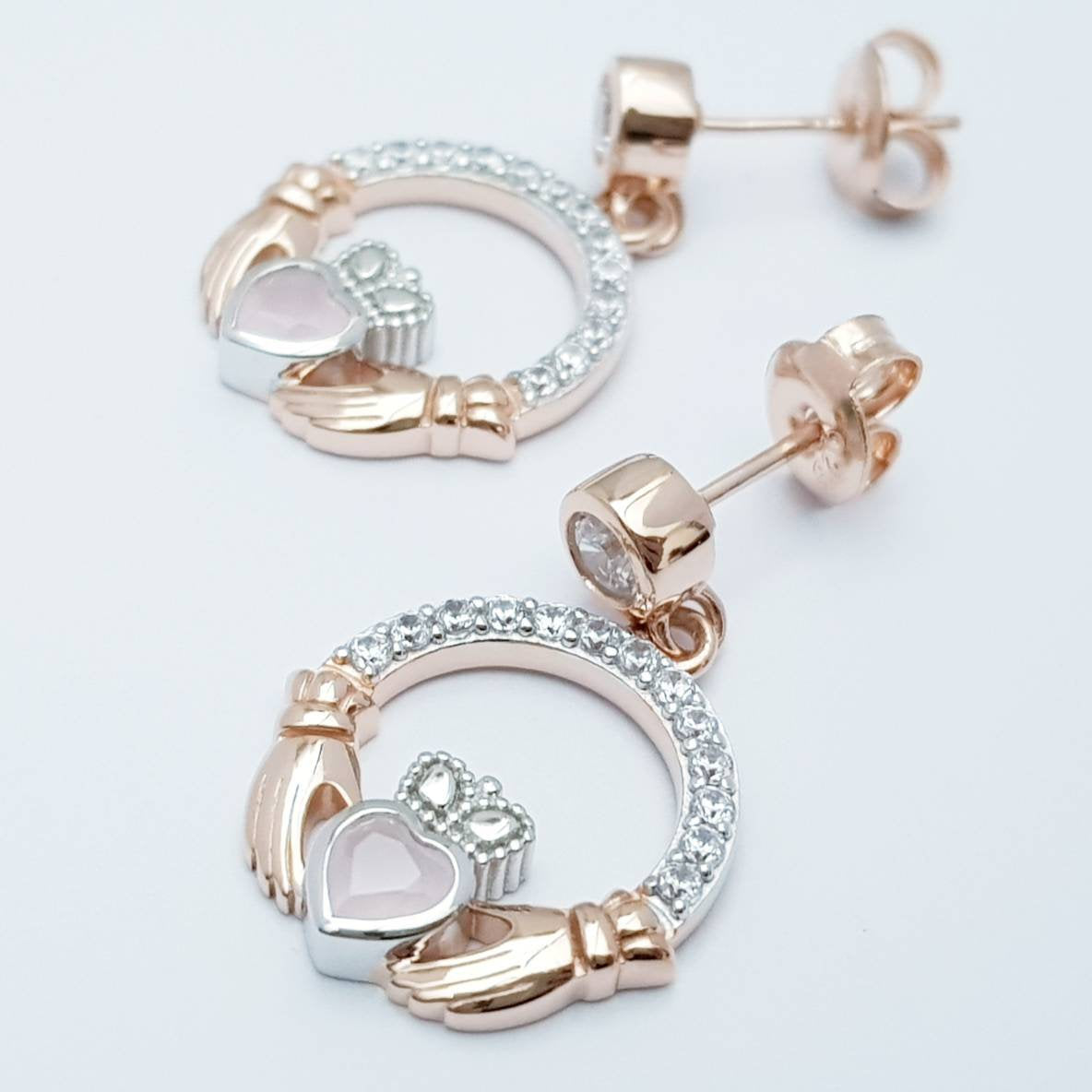 Baby pink claddagh Earrings, Silver and rose gold Claddagh Earrings, Claddagh drop Earrings