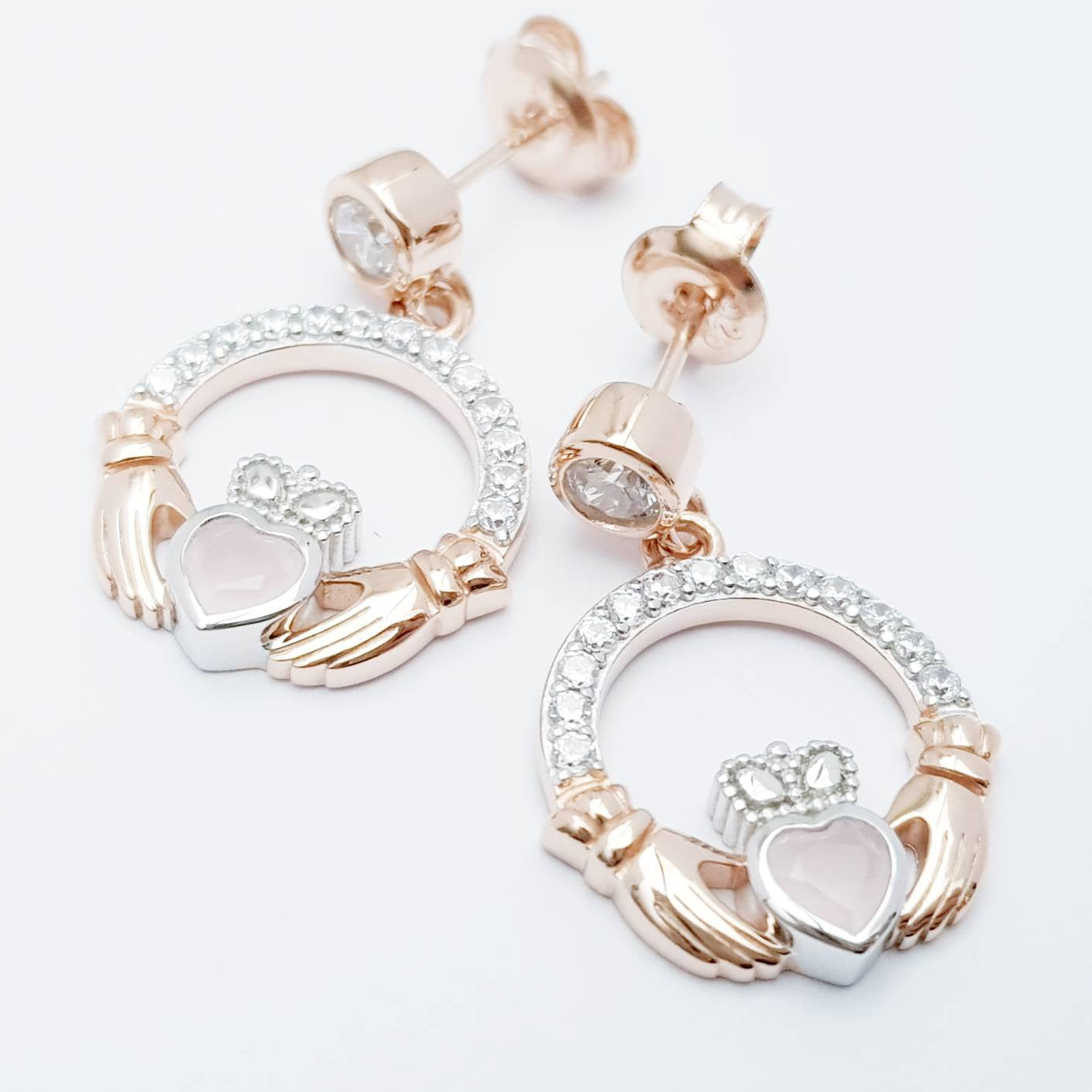 Baby pink claddagh Earrings, Silver and rose gold Claddagh Earrings, Claddagh drop Earrings