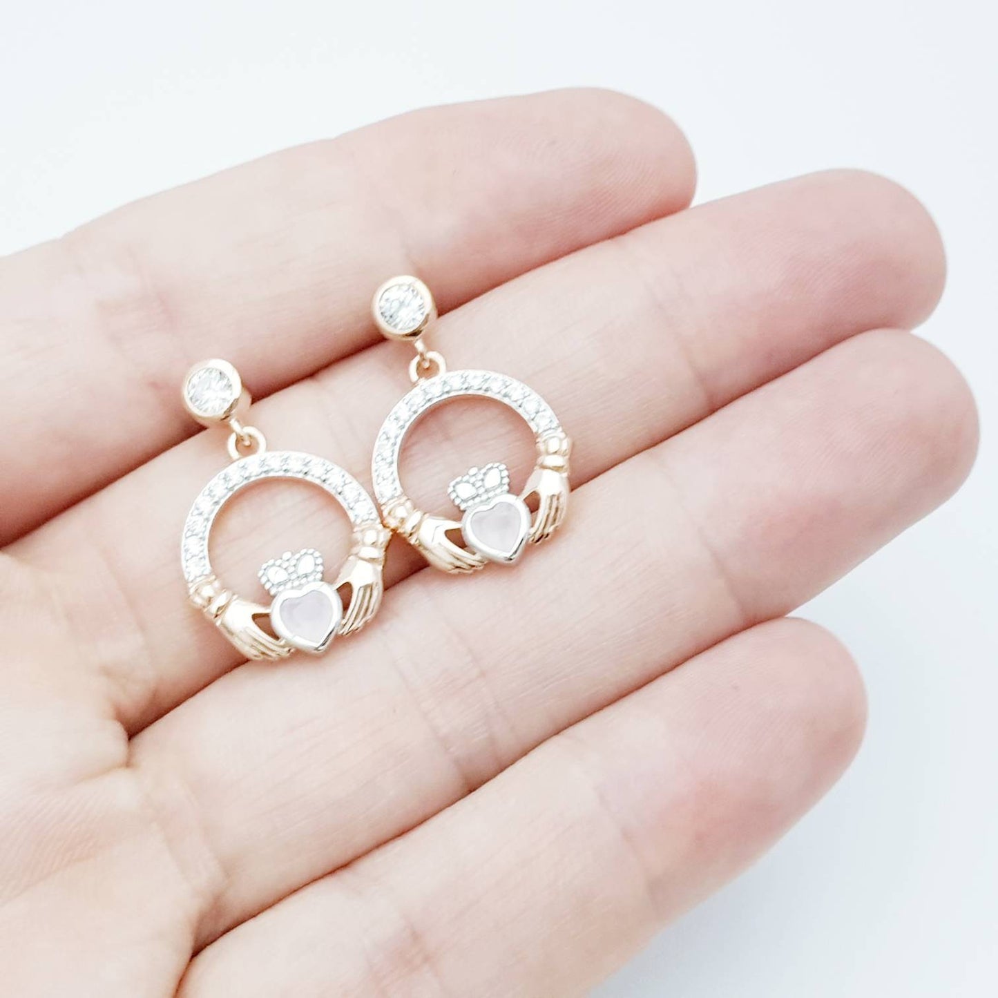 Baby pink claddagh Earrings, Silver and rose gold Claddagh Earrings, Claddagh drop Earrings