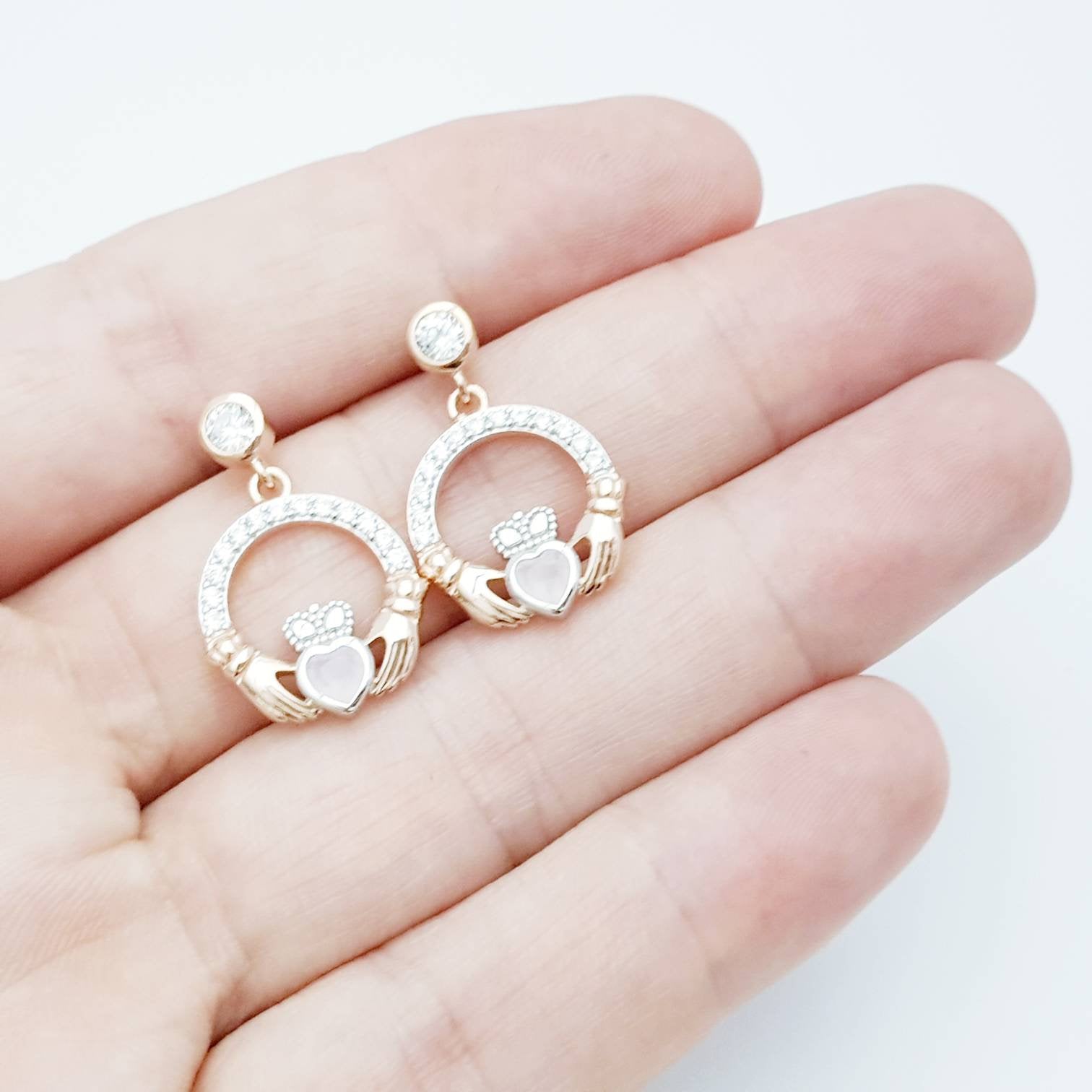 Baby pink claddagh Earrings, Silver and rose gold Claddagh Earrings, Claddagh drop Earrings