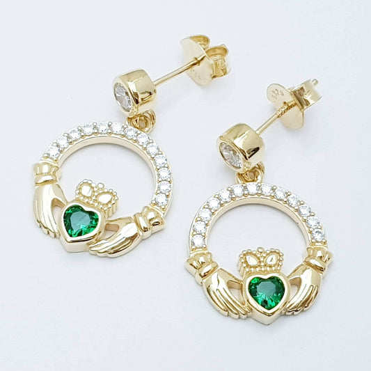 Emerald green claddagh Earrings, Silver and yellow gold Claddagh Earrings, Claddagh drop Earrings