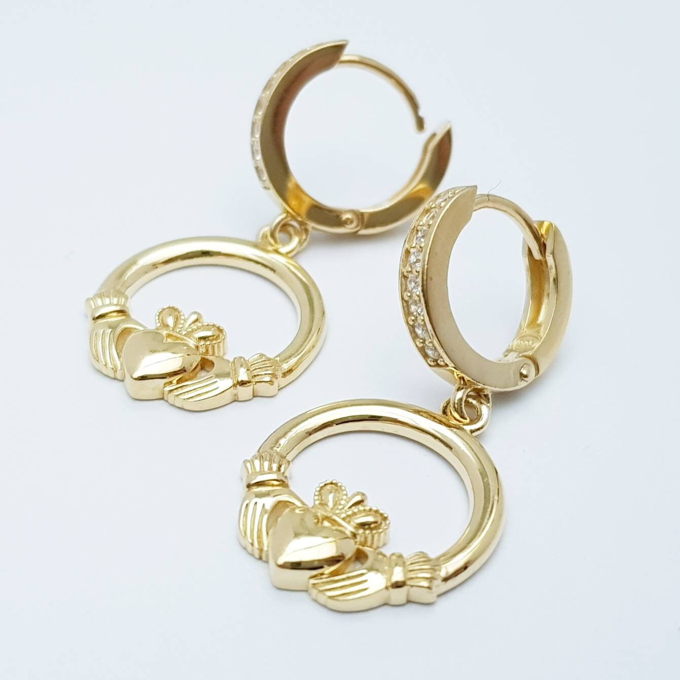 Yellow gold hoop Claddagh Earrings, Silver and gold Claddagh Earrings, Claddagh drop Earrings