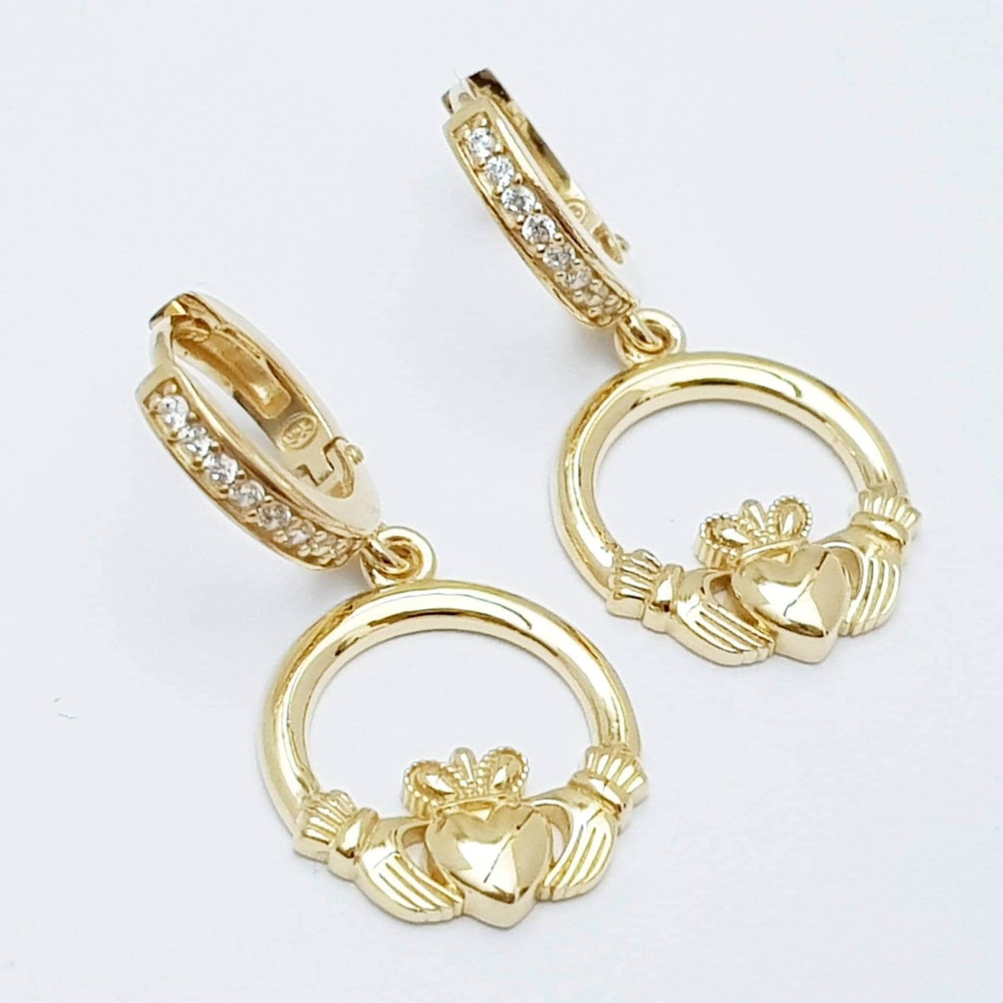 Yellow gold hoop Claddagh Earrings, Silver and gold Claddagh Earrings, Claddagh drop Earrings