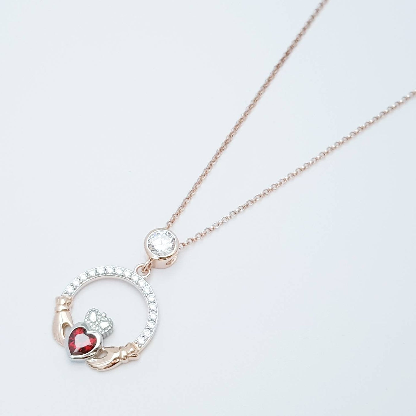 Red Claddagh pendant, two tone claddagh necklace from Galway, Ireland, silver and rose gold claddagh pendant