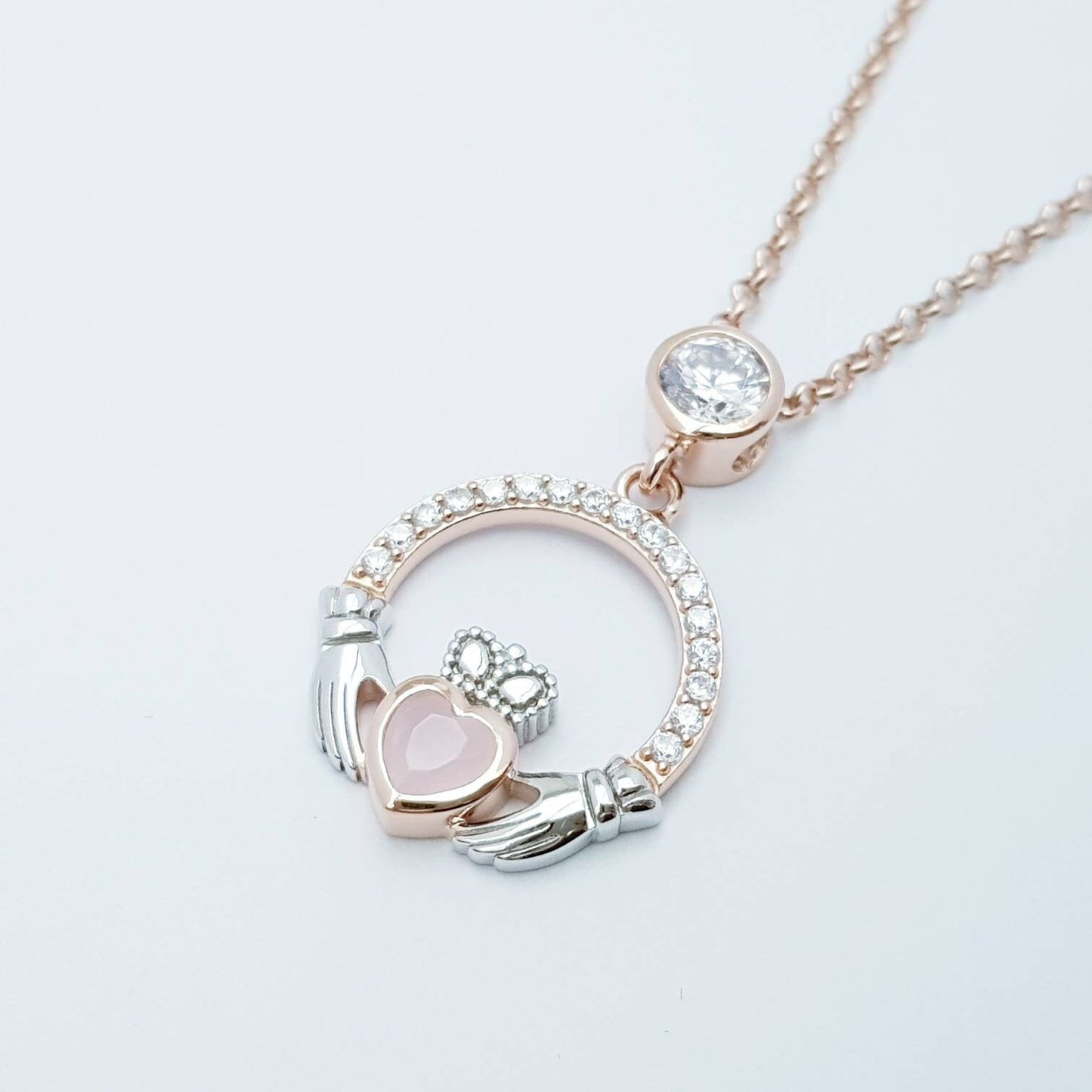 Baby pink Claddagh pendant, Irish claddagh necklace from Galway, Ireland, silver and rose gold claddagh pendant