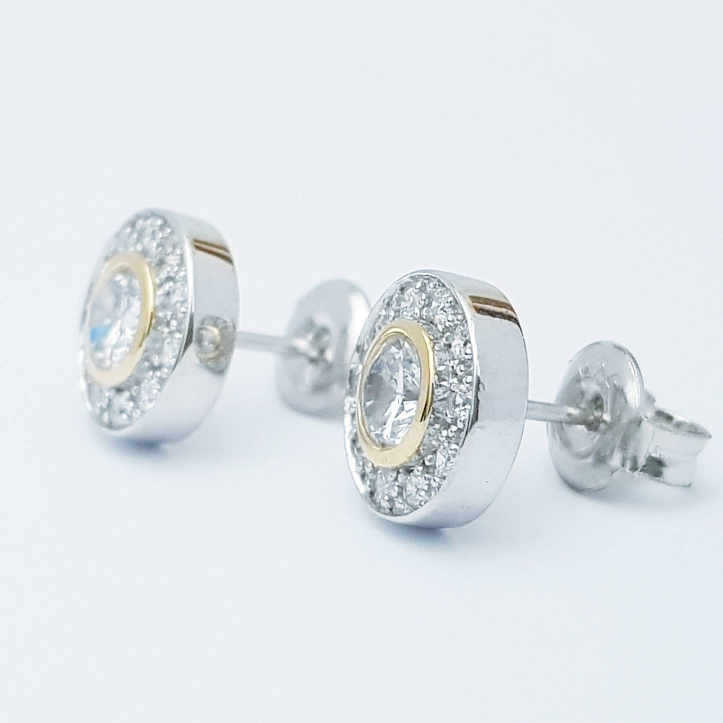 Gold plated sterling silver stud earrings with cubic zirconia, elegant round silver earrings, small stud earrings