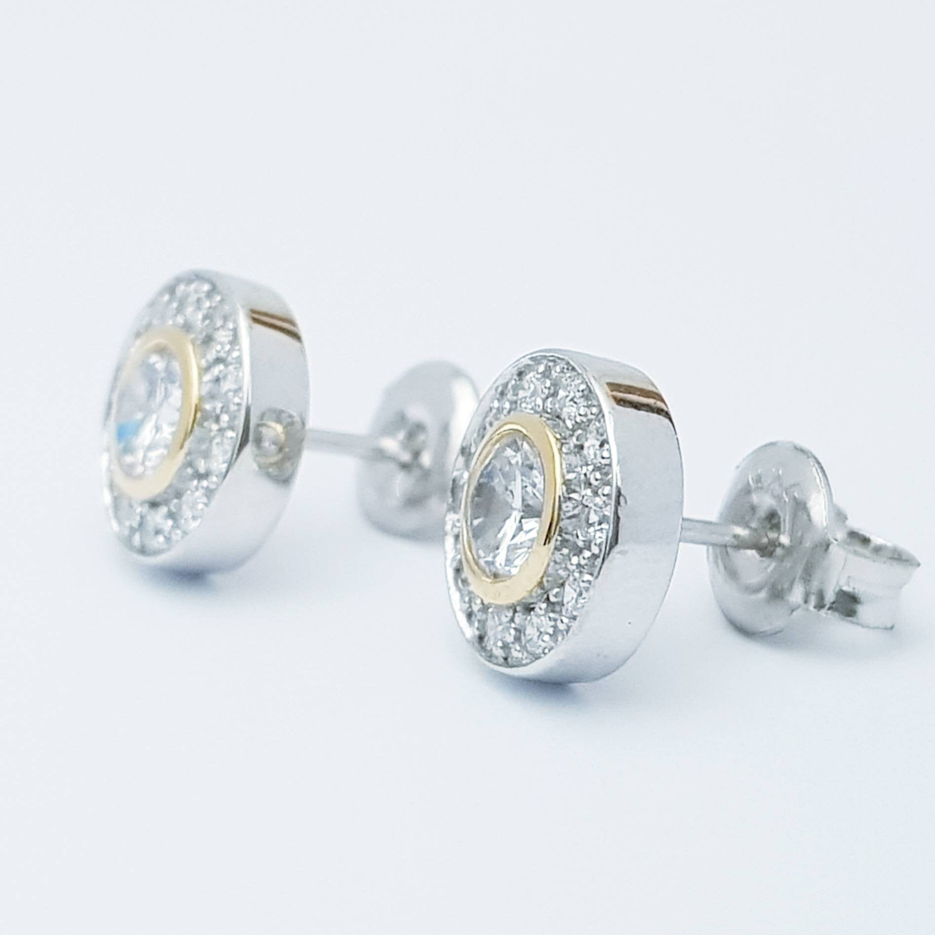 Gold plated sterling silver stud earrings with cubic zirconia, elegant round silver earrings, small stud earrings