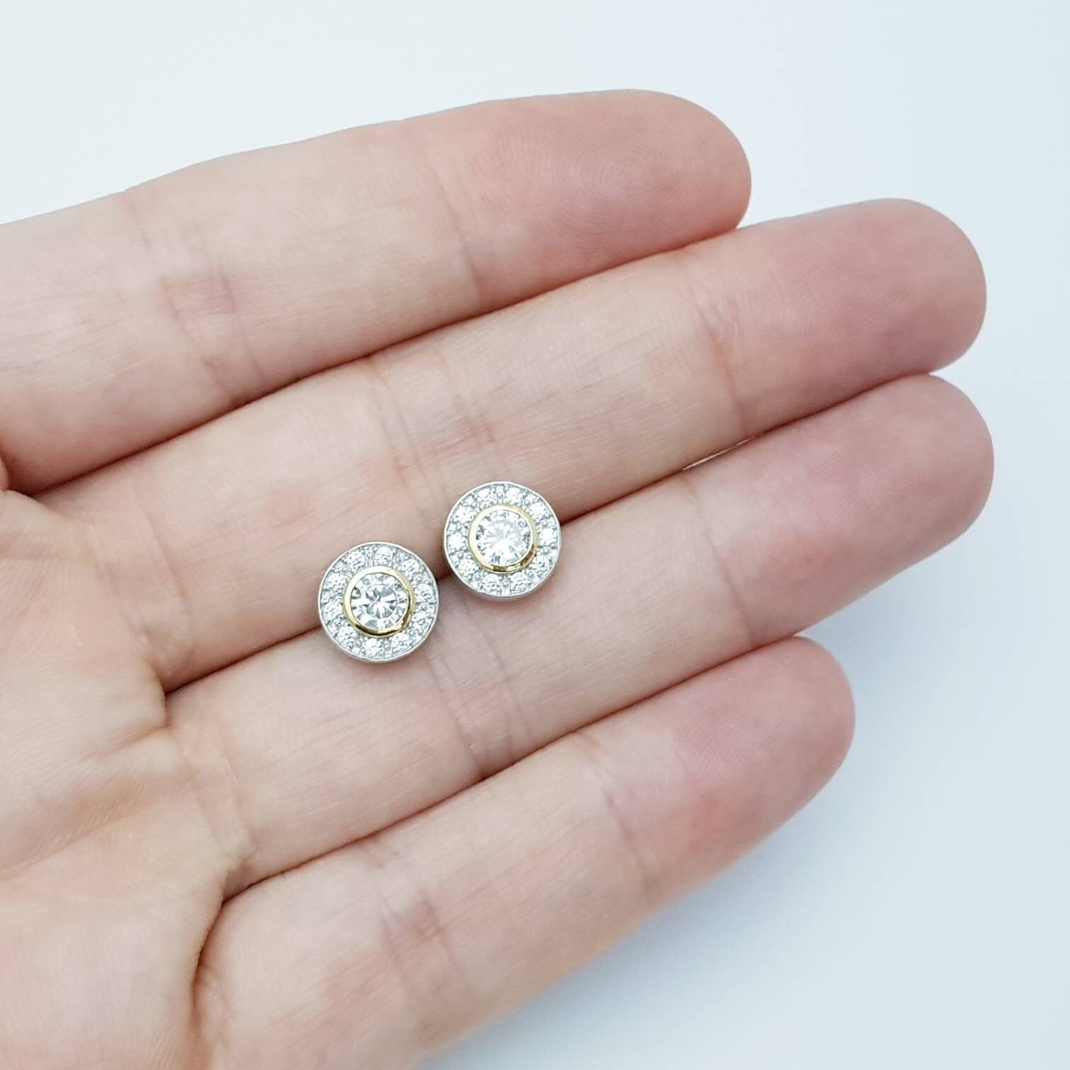 Gold plated sterling silver stud earrings with cubic zirconia, elegant round silver earrings, small stud earrings