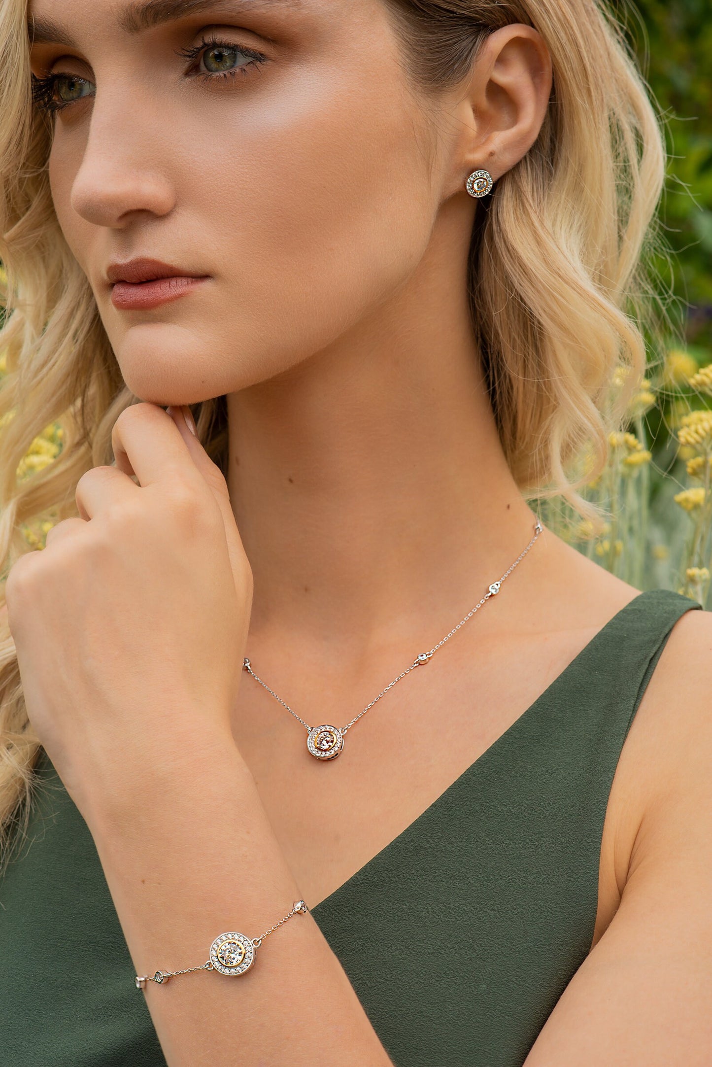 Gold plated sterling silver stud earrings with cubic zirconia, elegant round silver earrings, small stud earrings