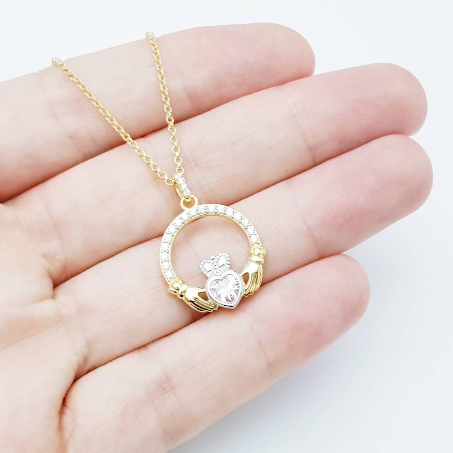 Pink Claddagh pendant, Irish claddagh necklace from Galway, Ireland, silver and gold claddagh pendant