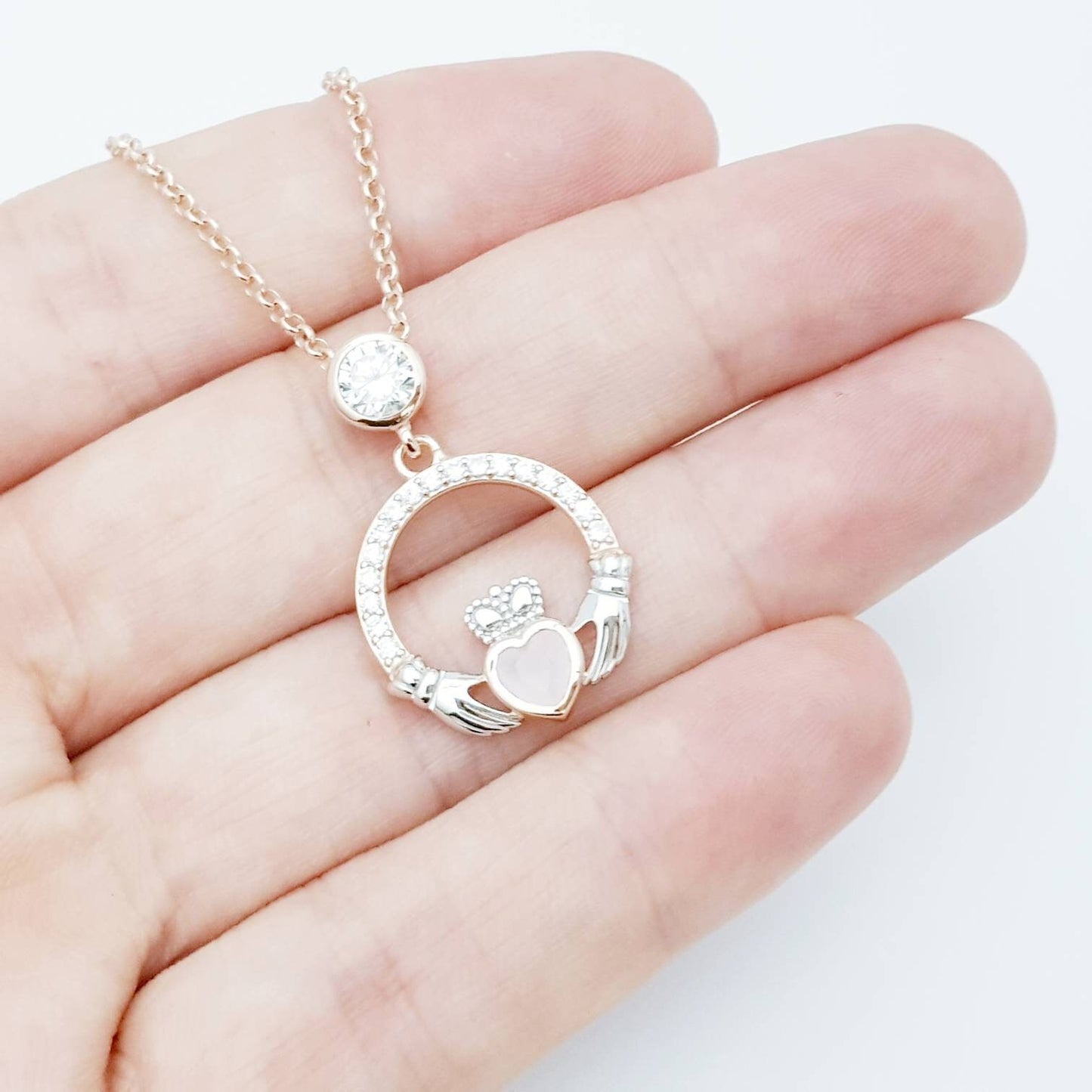 Baby pink Claddagh pendant, Irish claddagh necklace from Galway, Ireland, silver and rose gold claddagh pendant