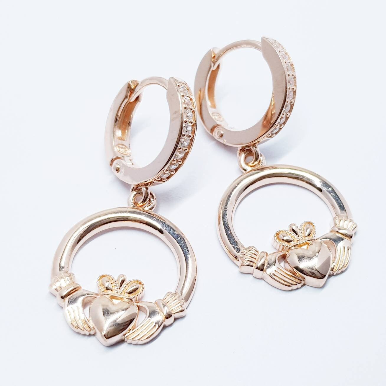 Rose gold hoop Claddagh Earrings, Silver and Rose gold Claddagh Earrings, Claddagh drop Earrings