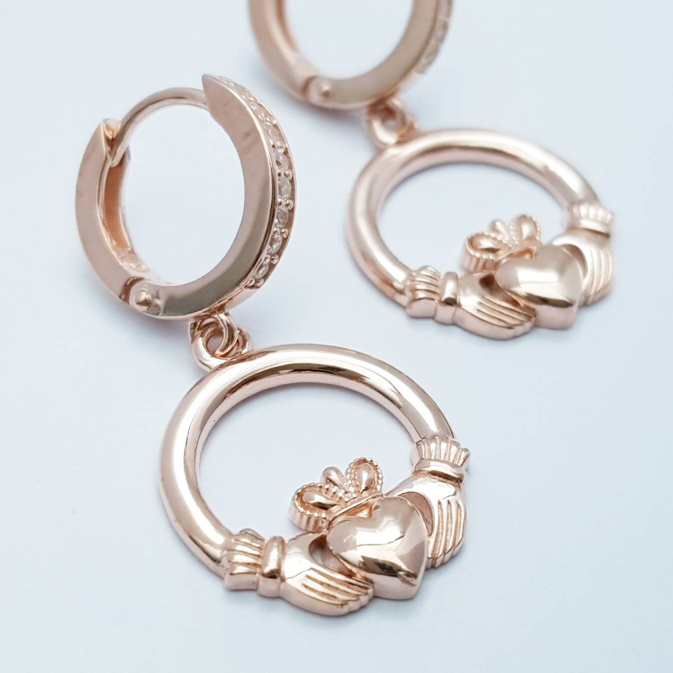 Rose gold hoop Claddagh Earrings, Silver and Rose gold Claddagh Earrings, Claddagh drop Earrings