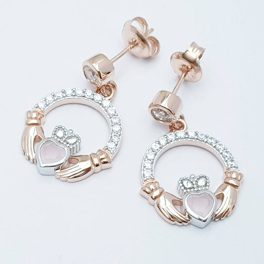 Baby pink claddagh Earrings, Silver and rose gold Claddagh Earrings, Claddagh drop Earrings