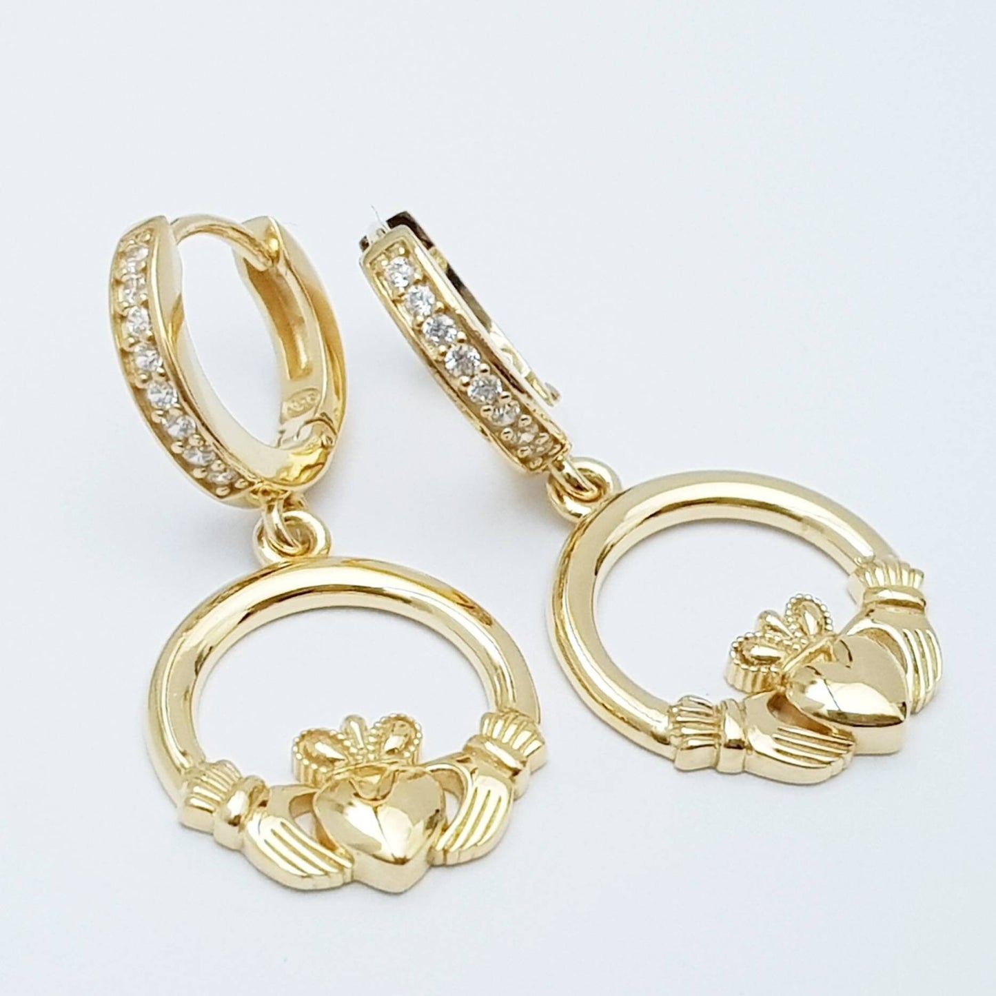 Yellow gold hoop Claddagh Earrings, Silver and gold Claddagh Earrings, Claddagh drop Earrings
