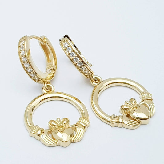 Yellow gold hoop Claddagh Earrings, Silver and gold Claddagh Earrings, Claddagh drop Earrings
