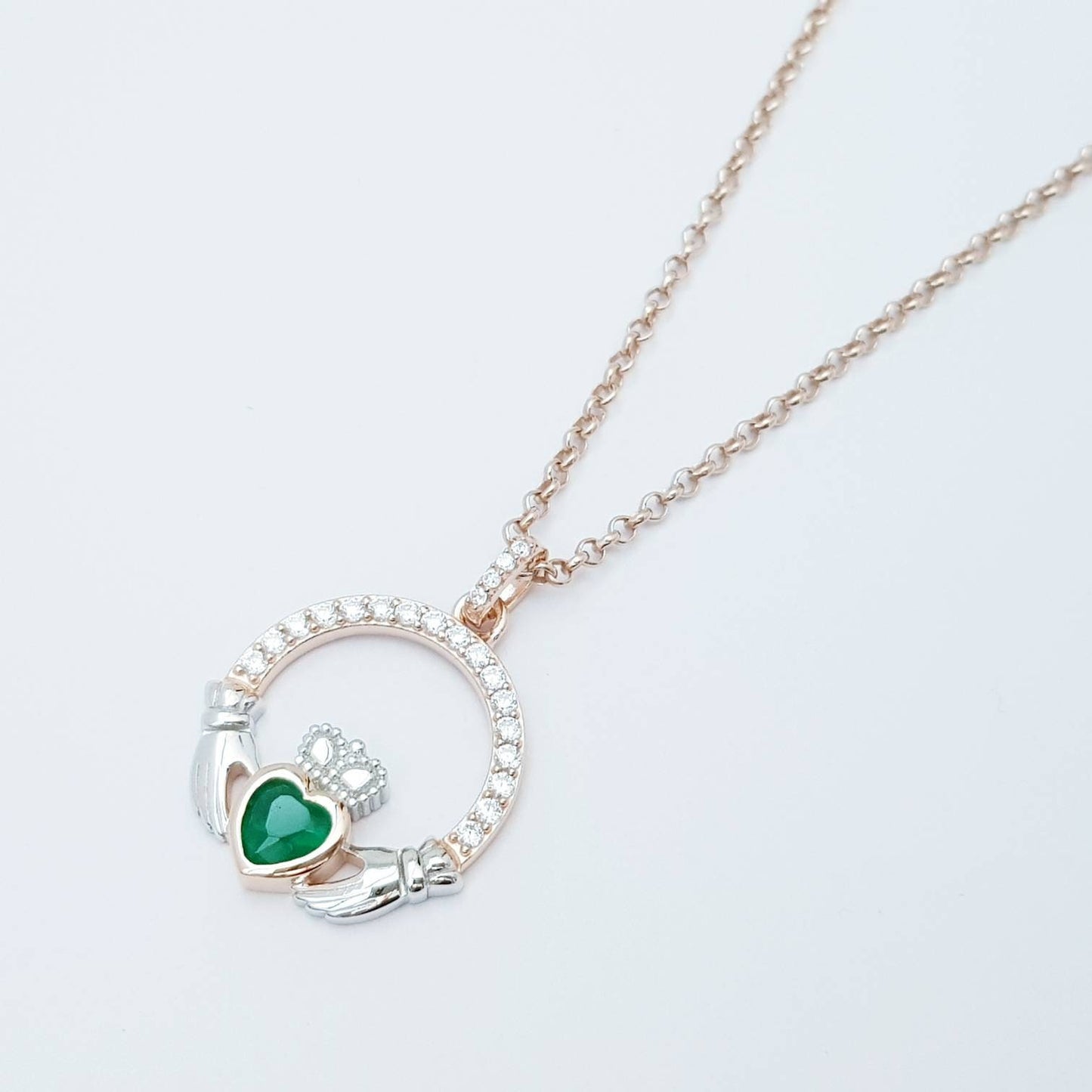 Green Claddagh pendant, two tone claddagh necklace from Galway, Ireland, silver and rose gold claddagh pendant