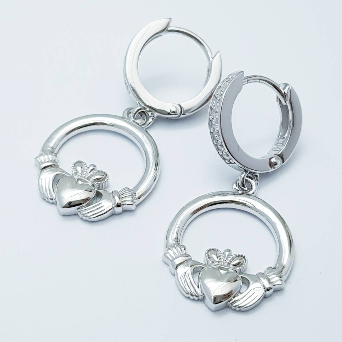 Silver hoop Claddagh Earrings, lever back Claddagh Earrings, Claddagh drop Earrings