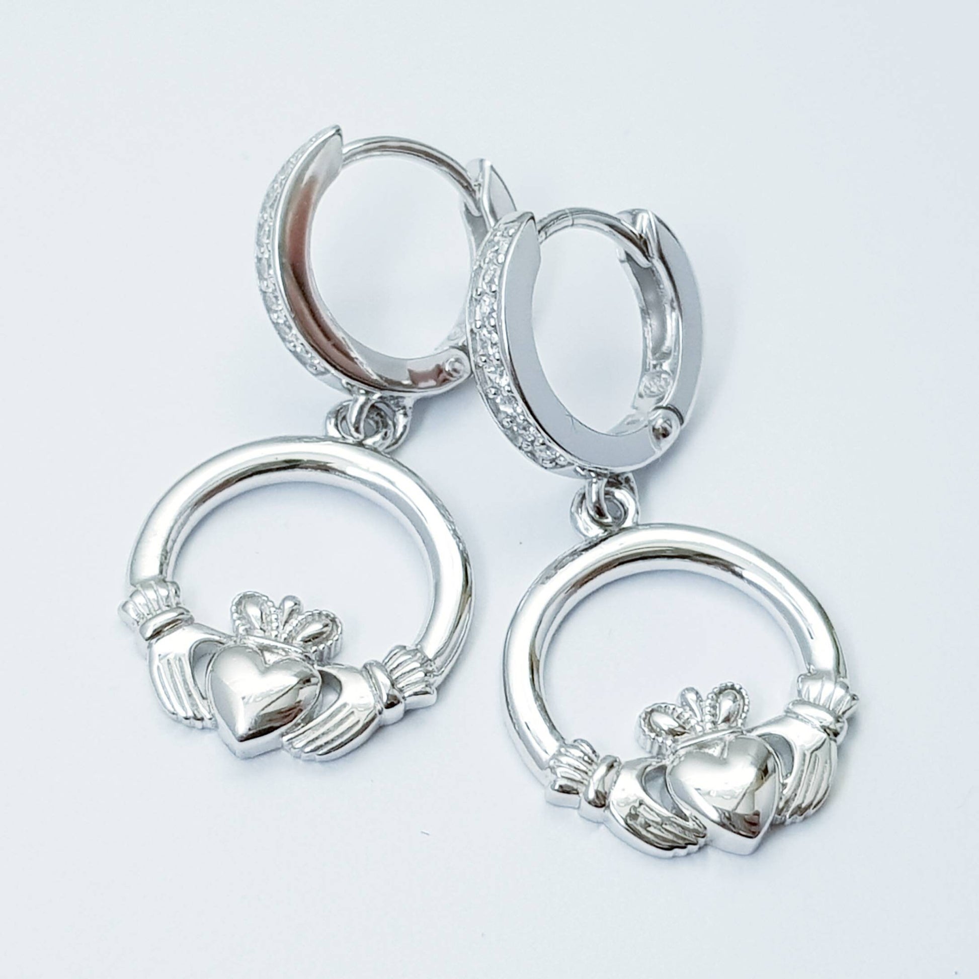 Silver hoop Claddagh Earrings, lever back Claddagh Earrings, Claddagh drop Earrings