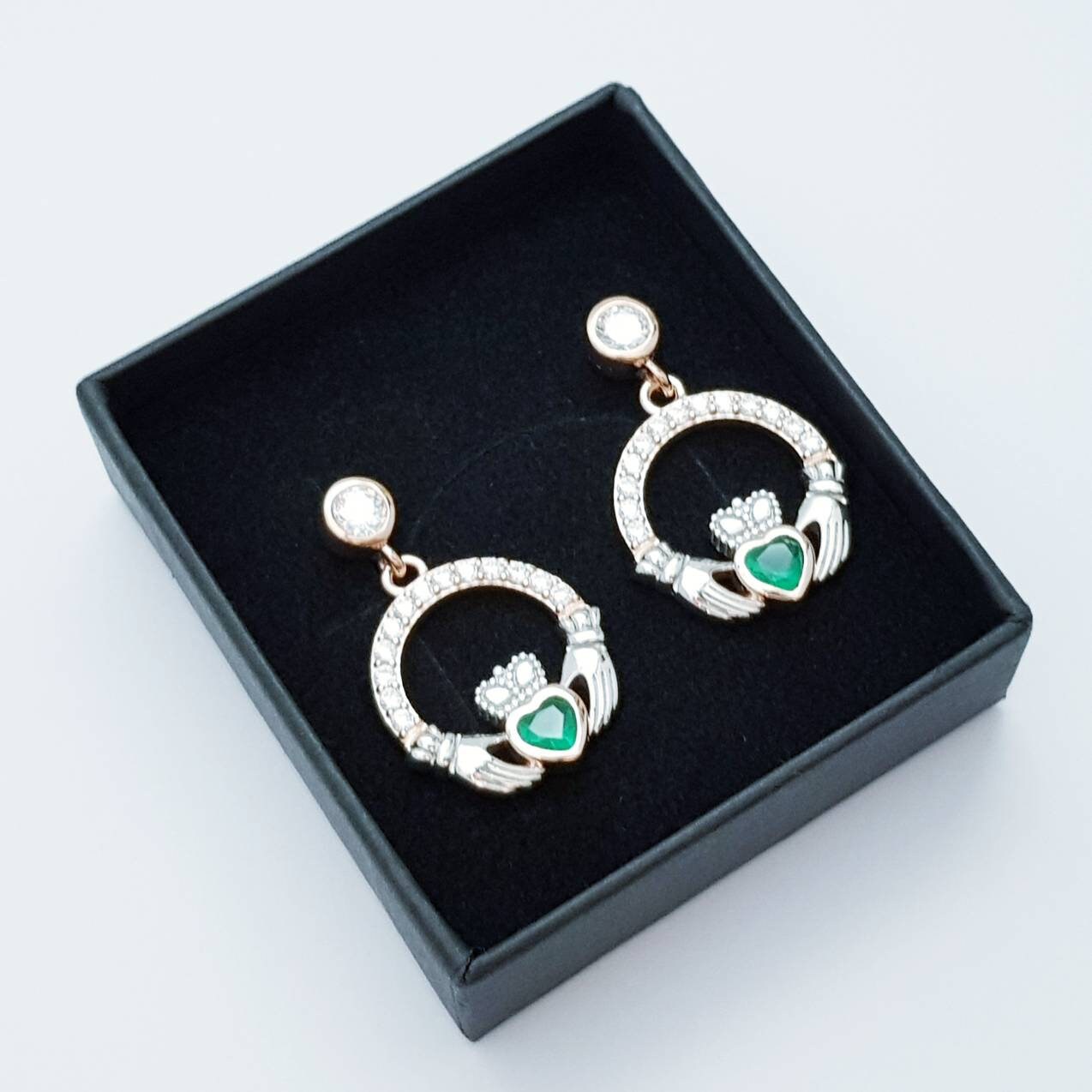 Emerald green claddagh Earrings, Silver and rose gold Claddagh Earrings, Claddagh drop Earrings