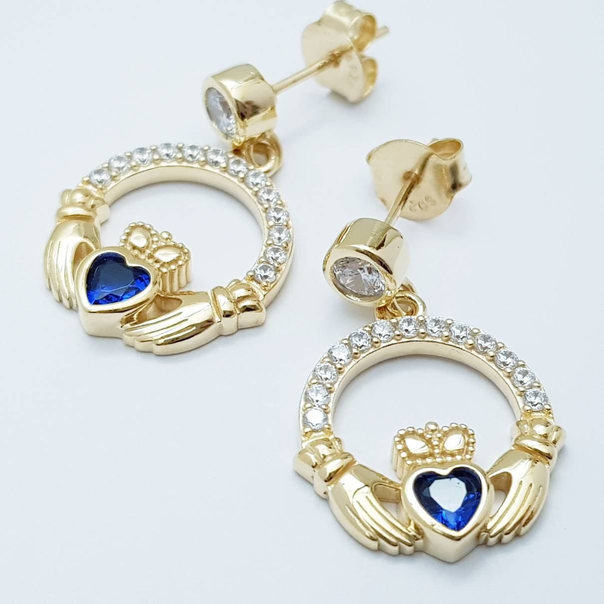 Sapphire blue claddagh Earrings, Silver and yellow gold Claddagh Earrings, Claddagh drop Earrings