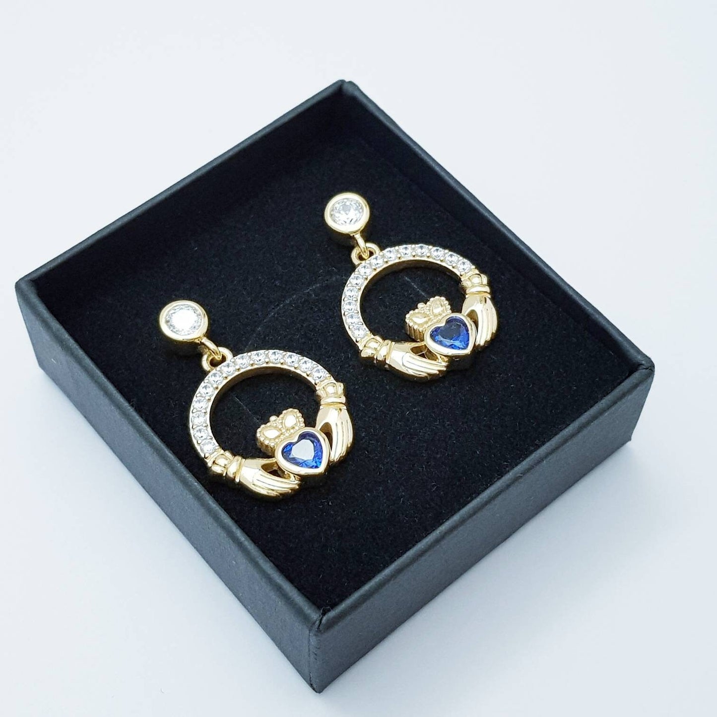 Sapphire blue claddagh Earrings, Silver and yellow gold Claddagh Earrings, Claddagh drop Earrings