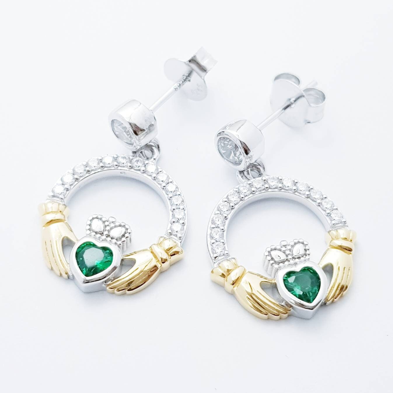 Emerald green claddagh Earrings, Silver and yellow gold Claddagh Earrings, drop and dangle claddagh Earrings