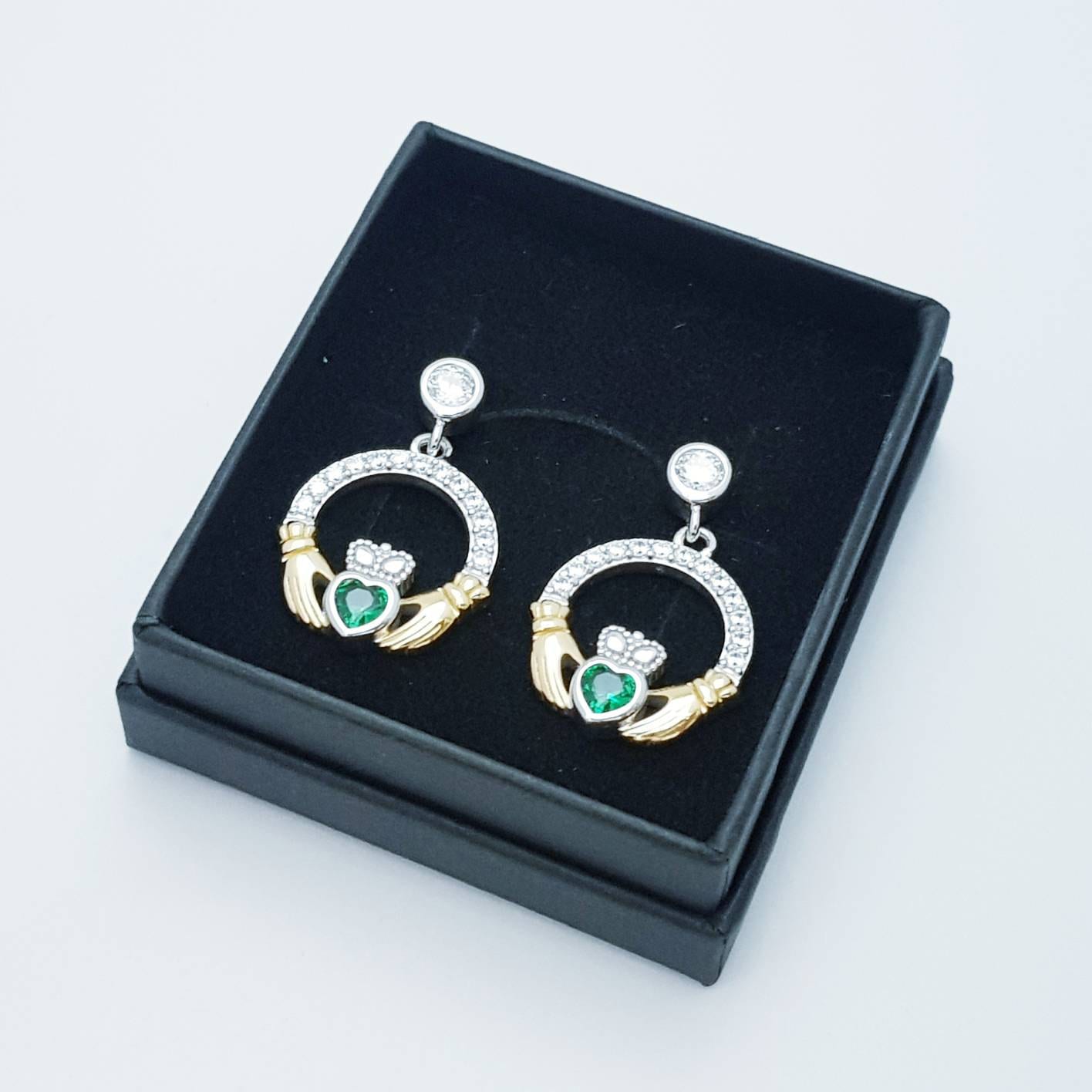 Emerald green claddagh Earrings, Silver and yellow gold Claddagh Earrings, drop and dangle claddagh Earrings