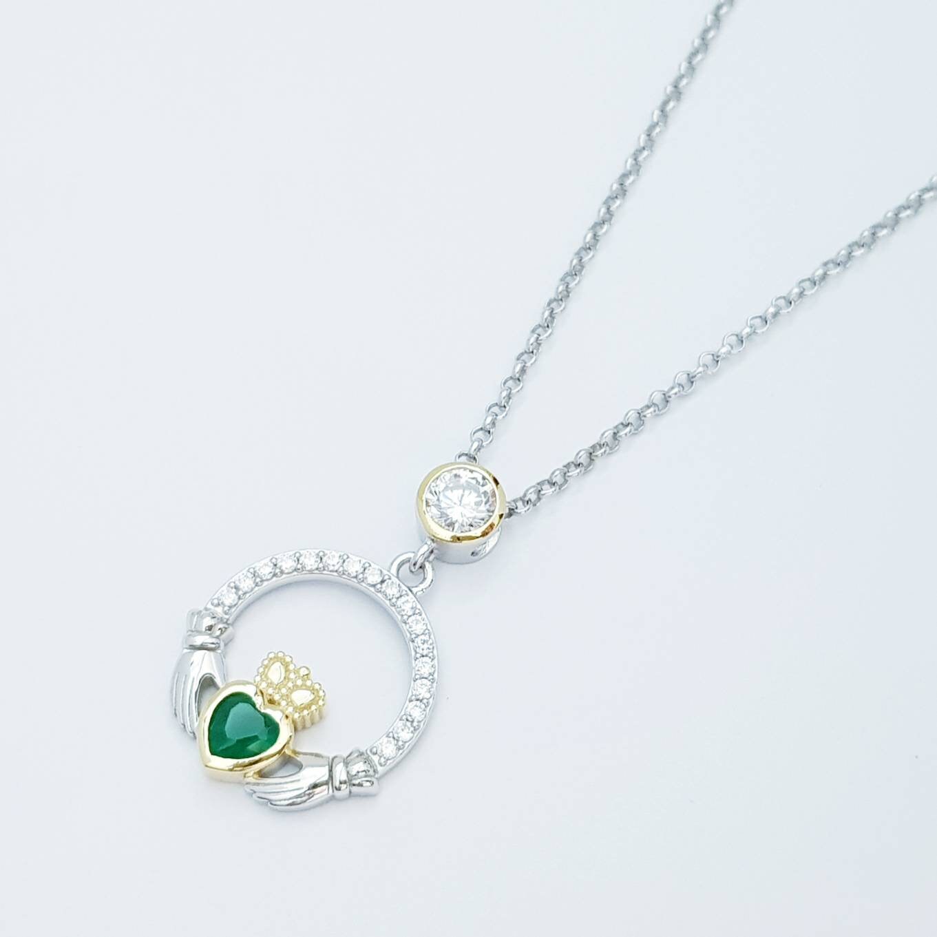 Green Claddagh pendant, claddagh necklace, silver claddagh pendant