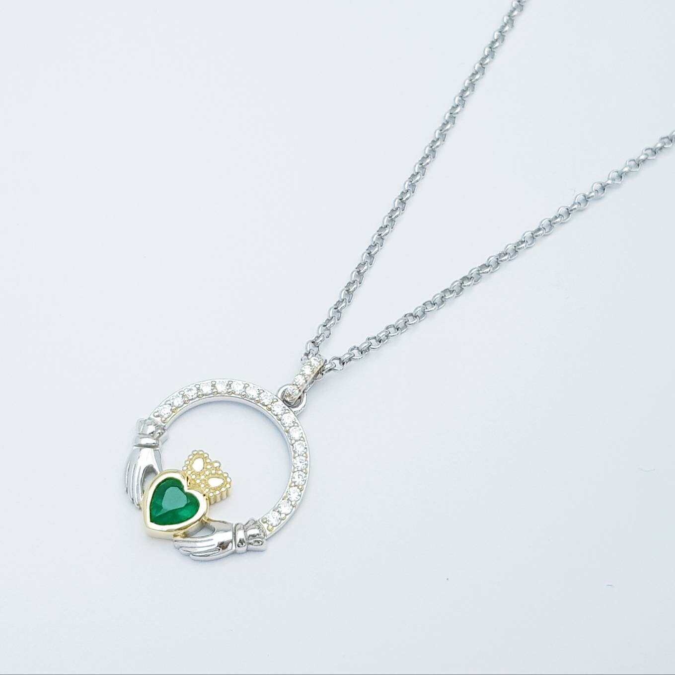 Green Claddagh pendant, claddagh necklace, silver claddagh pendant