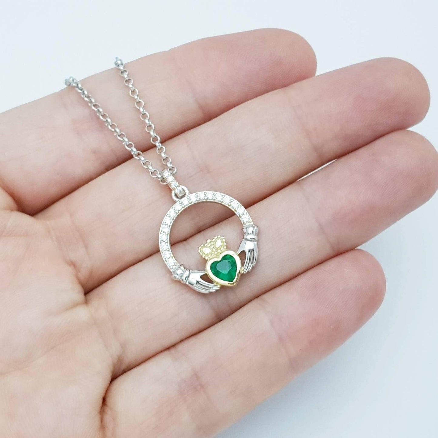 Green Claddagh pendant, claddagh necklace, silver claddagh pendant