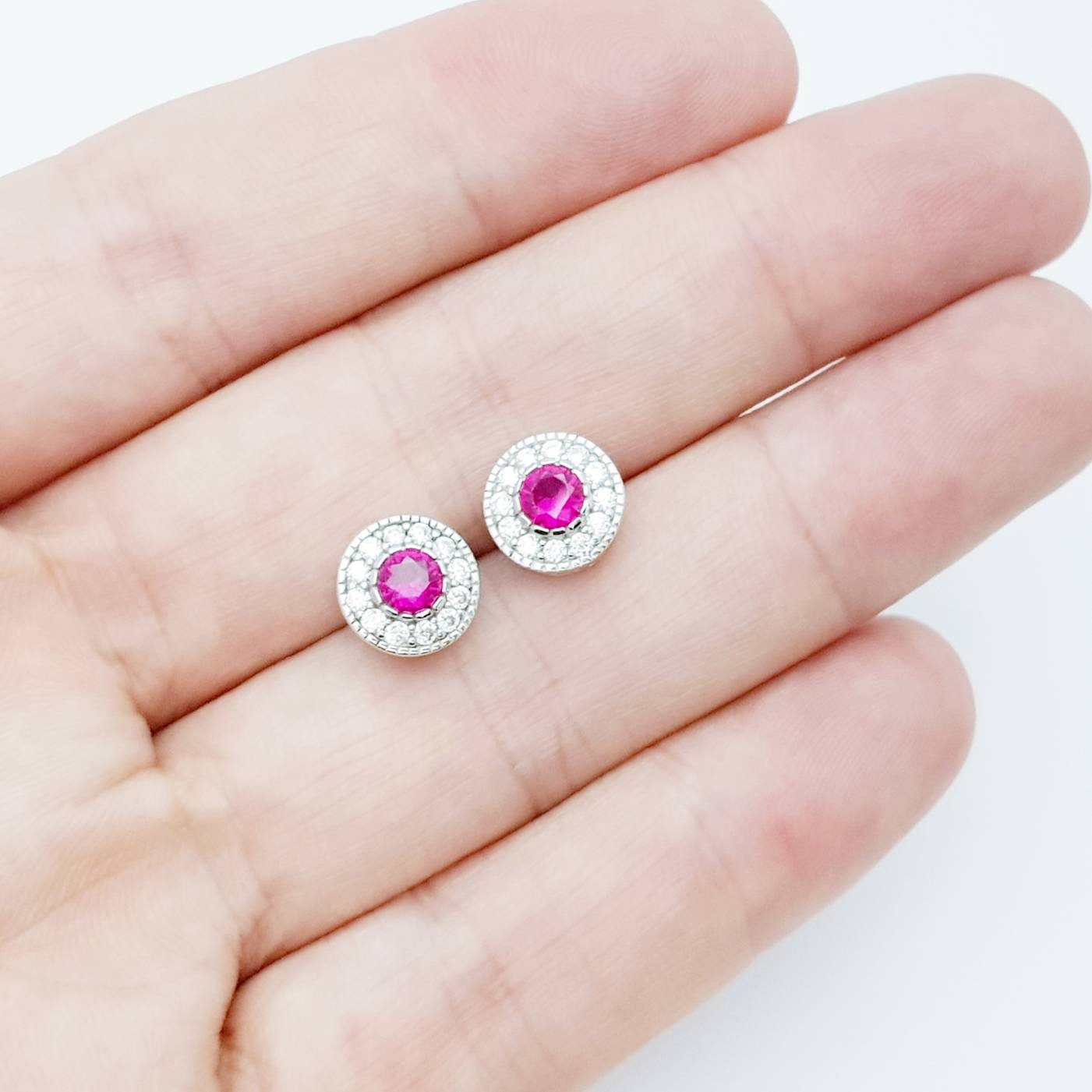 Red earrings, ruby stud earrings, gift for women, vintage earrings, diamond halo earrings, earrings for women, July birthstone studs