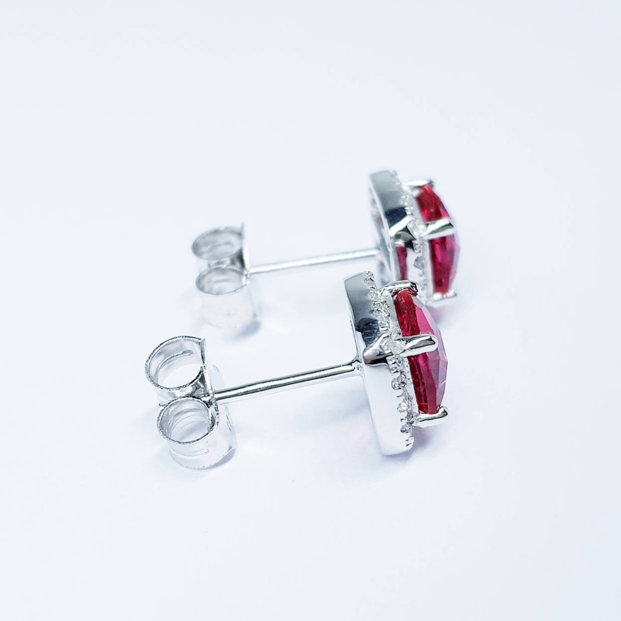 Red earrings, Ruby stud earrings, square earrings, diamond halo earrings, cushion cut earrings, bridesmaid earrings, July stone